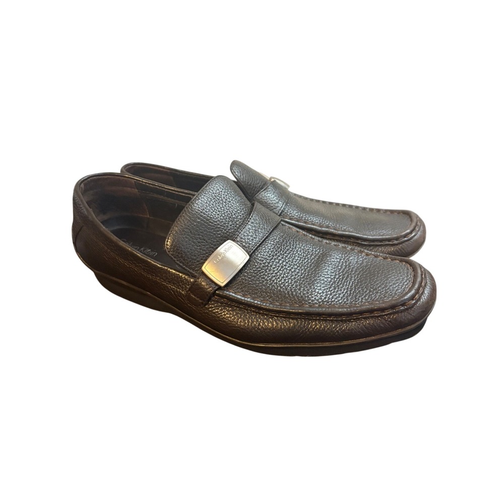 Calvin Klein Heron Mens 11M Dark‎ Brown Tumbled Leather Moc Toe Loafers F0625